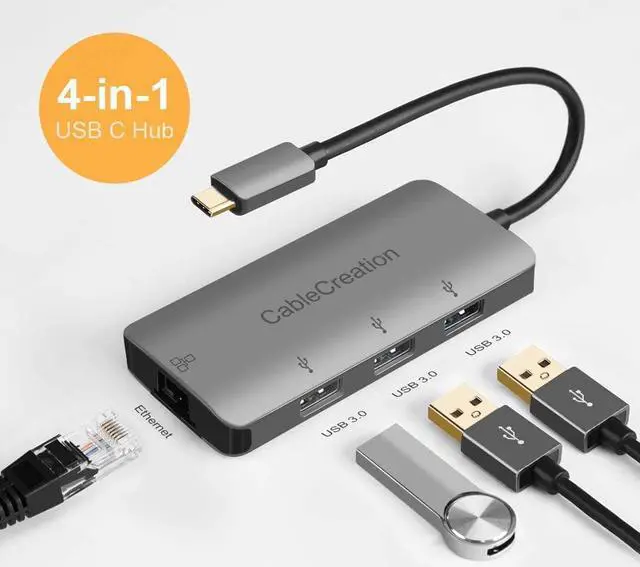 Alt view image 2 of 7 - USB C Hub, CableCreation Type C to 3 USB 3.0 Ports, Ethernet Adapter, Compatible with MacBook Pro 2018/2017, MacBook 2018/2017, iMac, Surface Go, Yoga 920, USB Flash Drives and More, Aluminum