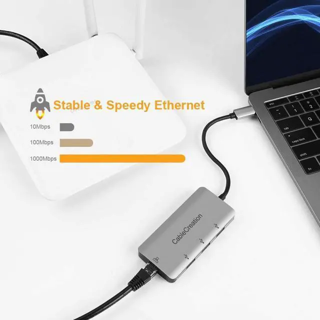 Alt view image 5 of 7 - USB C Hub, CableCreation Type C to 3 USB 3.0 Ports, Ethernet Adapter, Compatible with MacBook Pro 2018/2017, MacBook 2018/2017, iMac, Surface Go, Yoga 920, USB Flash Drives and More, Aluminum