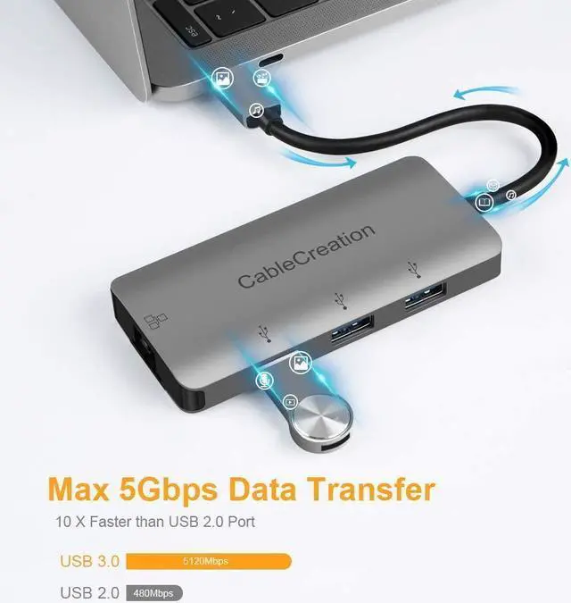 Alt view image 4 of 7 - USB C Hub, CableCreation Type C to 3 USB 3.0 Ports, Ethernet Adapter, Compatible with MacBook Pro 2018/2017, MacBook 2018/2017, iMac, Surface Go, Yoga 920, USB Flash Drives and More, Aluminum