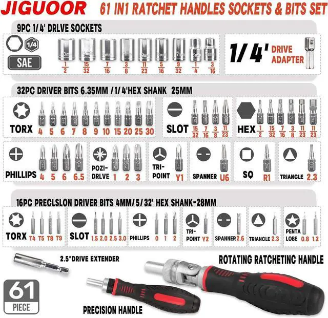 Alt view image 3 of 7 - JENABOM 61 in 1 Ratcheting Screwdriver Set, Magnetic Screwdriver Bit Set with Rotatable Ratchet Handles, Sockets & Bits, Household Repair Tool Kits for Computers, Electronic Devices, Furniture