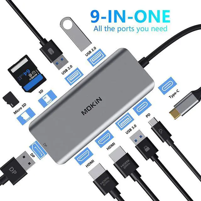 Alt view image 2 of 6 - Docking Station USB C Adapter Dual HDMI 9 in 1 Triple Display Multiport Adapter Dongle with 2 HDMI 4K DisplayPort 3 USB 100W PD SD/TF Card Reader for MacBook Pro Air Type C Laptops