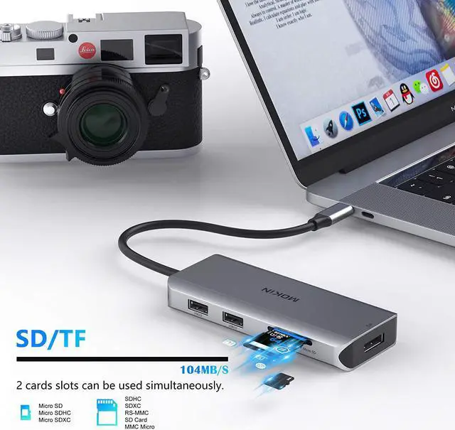 Alt view image 6 of 6 - Docking Station USB C Adapter Dual HDMI 9 in 1 Triple Display Multiport Adapter Dongle with 2 HDMI 4K DisplayPort 3 USB 100W PD SD/TF Card Reader for MacBook Pro Air Type C Laptops