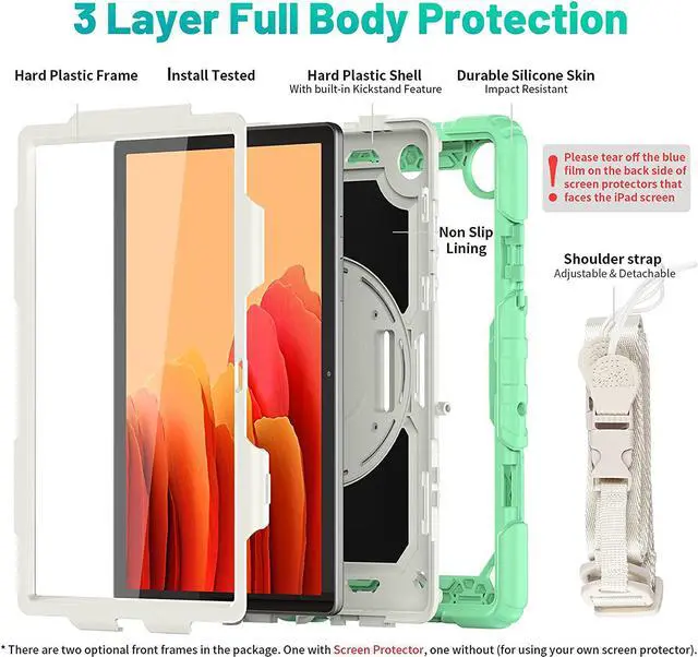 Alt view image 7 of 7 - Galaxy Tab A7 Case, 10.4 Inch Heavy Duty Tab A7 Case with S Pen Holder/Rotating Kickstand/Handle/Shoulder Strap/Screen Protector for Samsung Galaxy Tab A7, Gift for Xmas - Milky & Light Green