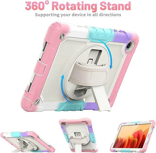 Alt view image 3 of 7 - Galaxy Tab A7 Case, 10.4 Inch Shockproof Tab A7 Case with S Pen Holder/Rotating Kickstand/Handle/Shoulder Strap/Screen Protector for Samsung Galaxy Tab A7, Gifts for Kids (Milky & Pink)