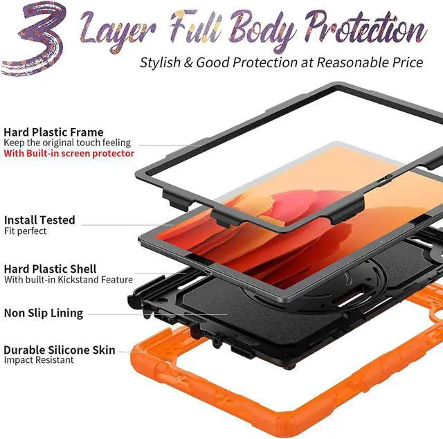 Alt view image 7 of 7 - Galaxy Tab A7 Case, Shockproof 10.4 Inch Tab A7 Case with Pencil Holder/Rotating Kickstand/Handle/Shoulder Strap/Screen Protector for Samsung Galaxy Tab A7 (Orange)