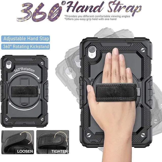 Alt view image 4 of 7 - Case for with Lenovo Tab M8 (HD/FHD 2019 8.0 inch TB-8505F TB-8505X TB-8505FS TB-8705F TB-8705N,Shockproof Case with Screen Protector/Shoulder Strap/Rotating Hand Strap/Stand, Black