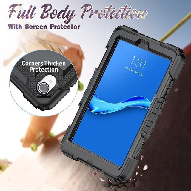 Alt view image 6 of 7 - Case for with Lenovo Tab M8 (HD/FHD 2019 8.0 inch TB-8505F TB-8505X TB-8505FS TB-8705F TB-8705N,Shockproof Case with Screen Protector/Shoulder Strap/Rotating Hand Strap/Stand, Black