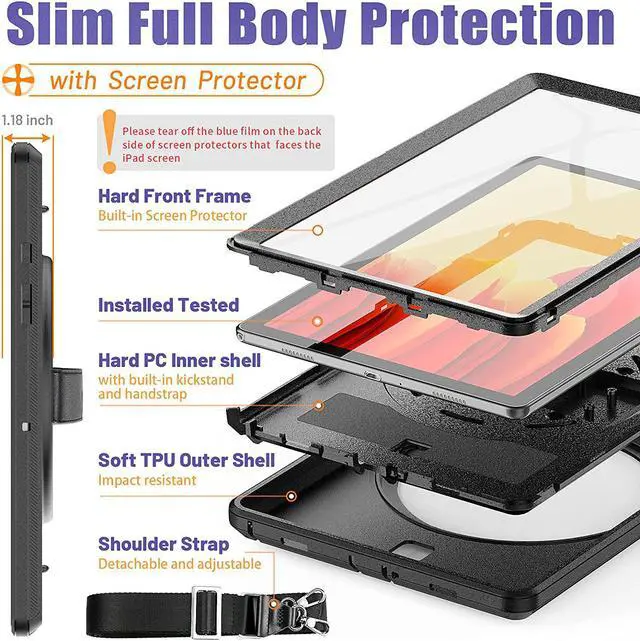 Alt view image 3 of 7 - Case for Samsung Galaxy Tab A7 10.4 Inch (SM-T500/SM-T505/SM-T507), Shockproof Protective Case with Screen Protector, Rotating Stand/Hand Strap, Shoulder Strap for Samsung Tab A7 2020, Black