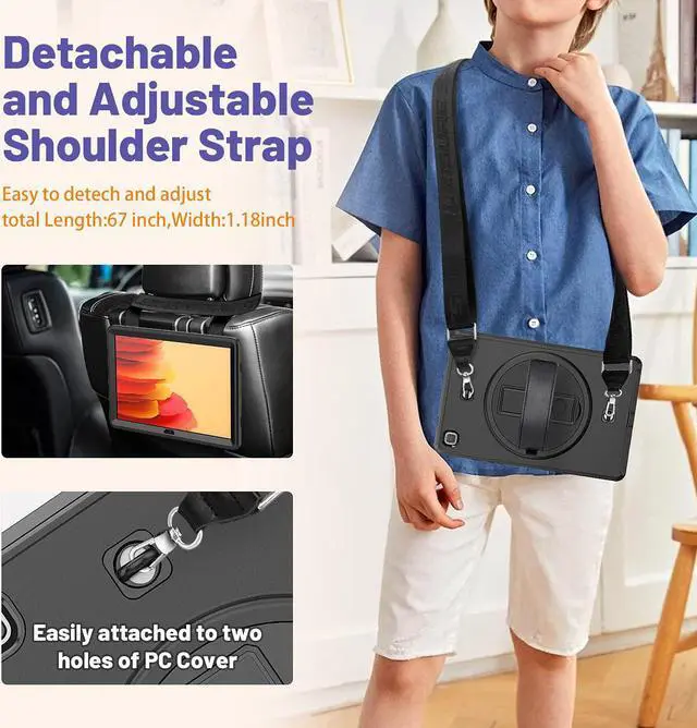 Alt view image 4 of 7 - Case for Samsung Galaxy Tab A7 10.4 Inch (SM-T500/SM-T505/SM-T507), Shockproof Protective Case with Screen Protector, Rotating Stand/Hand Strap, Shoulder Strap for Samsung Tab A7 2020, Black