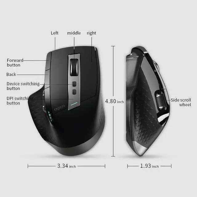 Alt view image 6 of 7 - Bluetooth Wireless Mouse, 4 Adjustable DPI Rechargeable, Multi-Device (3 Bluetooth+USB) Programmable Ergonomic Mouse with Side Roller, Laser Mouse for Laptop Desktop PC