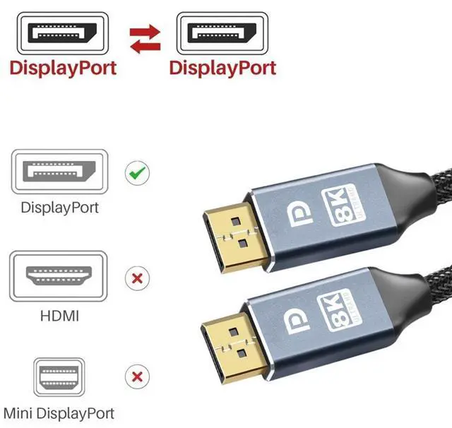 Alt view image 7 of 7 - DisplayPort Cable,Hannord 8K DP Cable Nylon Braided (8K@60Hz, 4K@120hz) Display Port Cable V1.4 Ultra High Speed DisplayPort to DisplayPort Cable 3.3ft for Laptop PC TV - Gaming Monitor Cable (Grey)