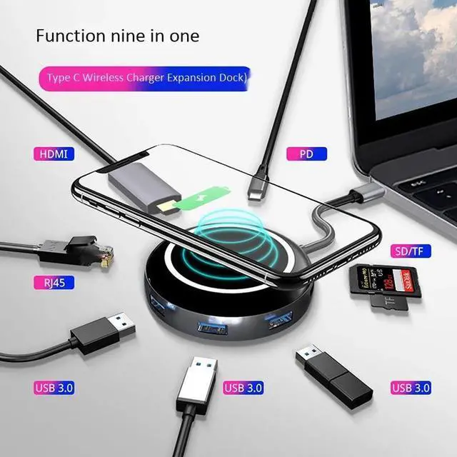 Alt view image 4 of 5 - 9 in 1 Qi Wireless Charger Hub USB-C USB 3.1 Type C to USB 3.0 HDMI RJ45 Card Reader PD Charging Adapter for iPhone Mac book