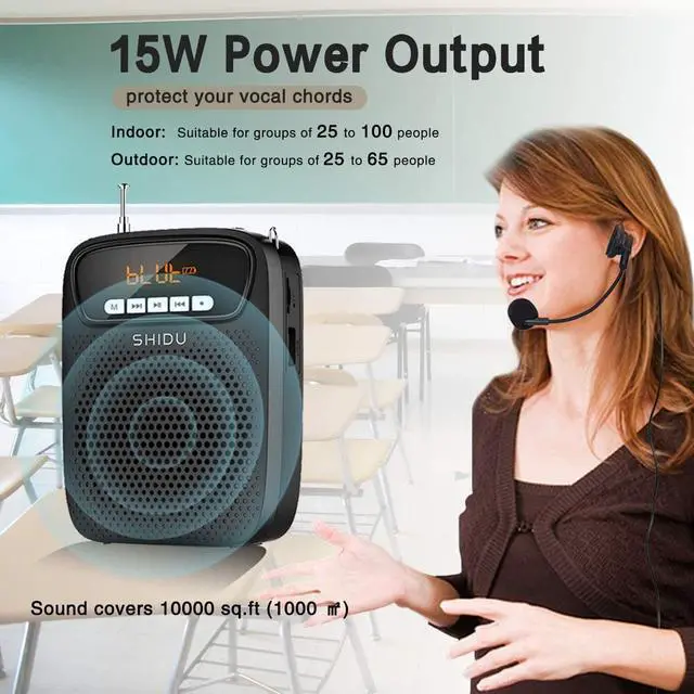 Alt view image 3 of 7 - New SHIDU  Voice Amplifier,15W Rechargeable Portable Microphone for Teachers,Lightweight Personal Microphone with Speaker Wired Headset Supports Bluetooth,Recording,FM Radio,TF Card/AUX