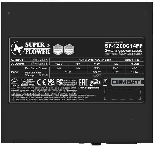 Alt view image 7 of 7 - Super Flower Combat II FP 1200W Cybenetics Platinum / A+ Noise, Embossed Cables, Full Modular, ATX 3.1/PCIe 5.1, W/ Native 12V-2x6, ECO mode, Power Supply, Copper Shaft FDB Fan, SF-1200C14FP
