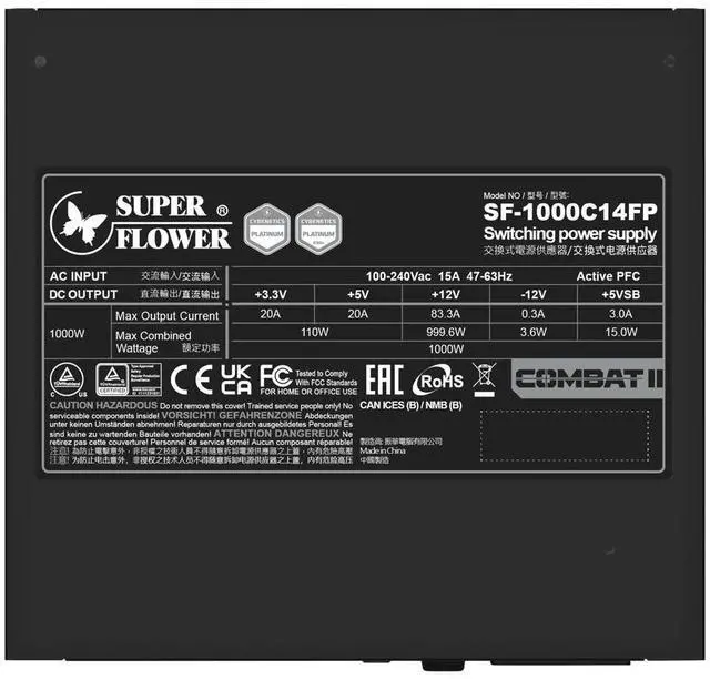 Alt view image 7 of 7 - Super Flower Combat II FP 1000W Cybenetics Platinum / A+ Noise, Embossed Cables, Full Modular, ATX 3.1/PCIe 5.1, W/ Native 12V-2x6, ECO mode, Power Supply, Copper Shaft FDB Fan, SF-1000C14FP