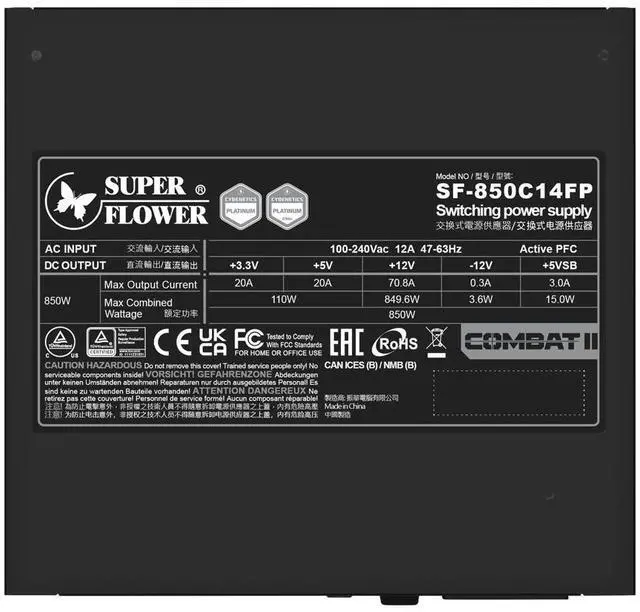 Alt view image 7 of 7 - Super Flower Combat II FP 850W Cybenetics Platinum / A+ Noise, Embossed Cables, Full Modular, ATX 3.1/PCIe 5.1, W/ Native 12V-2x6, ECO mode, Power Supply, Copper Shaft FDB Fan, SF-850C14FP