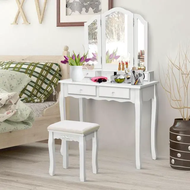 Alt view image 5 of 7 - Costway White Tri Folding Vanity Makeup Table Stool Home Desk