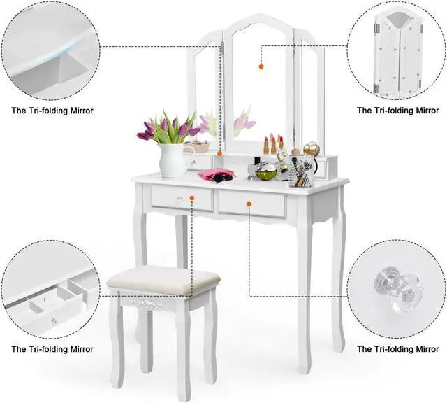 Alt view image 6 of 7 - Costway White Tri Folding Vanity Makeup Table Stool Home Desk