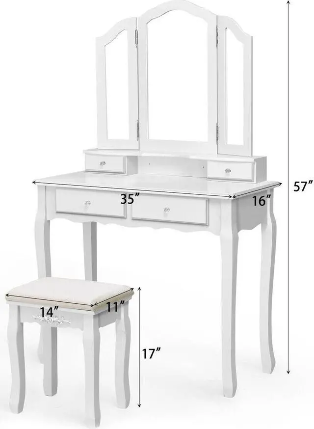 Alt view image 2 of 7 - Costway White Tri Folding Vanity Makeup Table Stool Home Desk