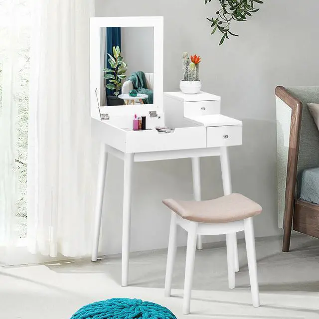 Main image of Costway Vanity Dressing Table Flip Desk Furniture Stool 2 White