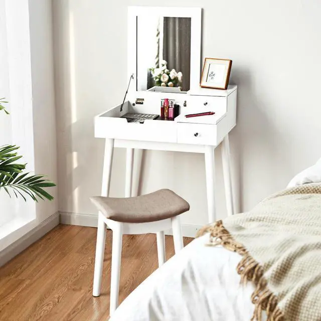 Alt view image 3 of 6 - Costway Vanity Dressing Table Flip Desk Furniture Stool 2 White