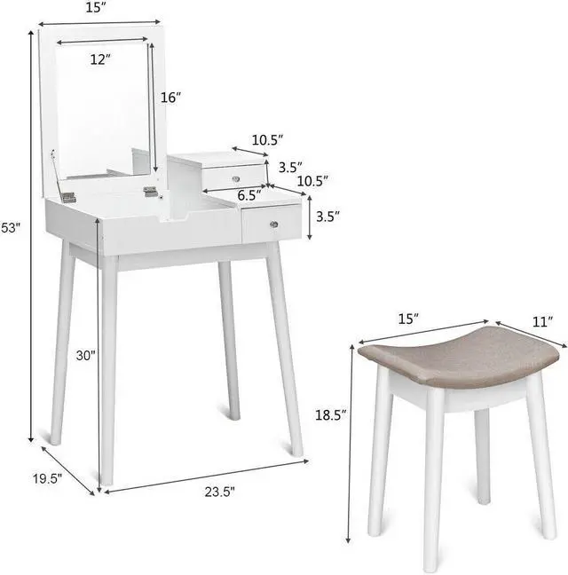 Alt view image 2 of 6 - Costway Vanity Dressing Table Flip Desk Furniture Stool 2 White