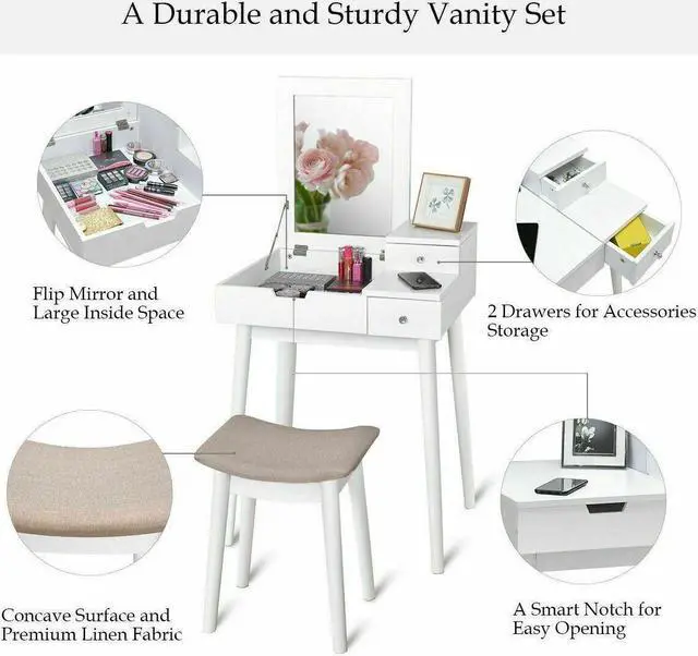 Alt view image 6 of 6 - Costway Vanity Dressing Table Flip Desk Furniture Stool 2 White