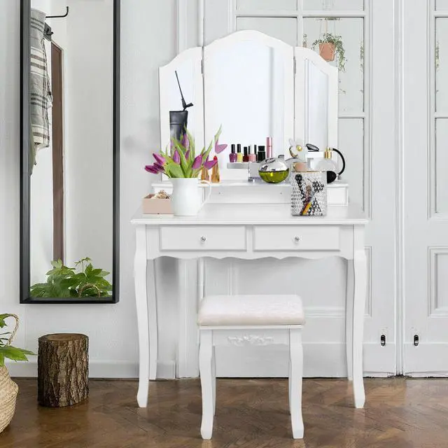 Alt view image 4 of 7 - Costway White Tri Folding Vanity Makeup Table Stool Home Desk
