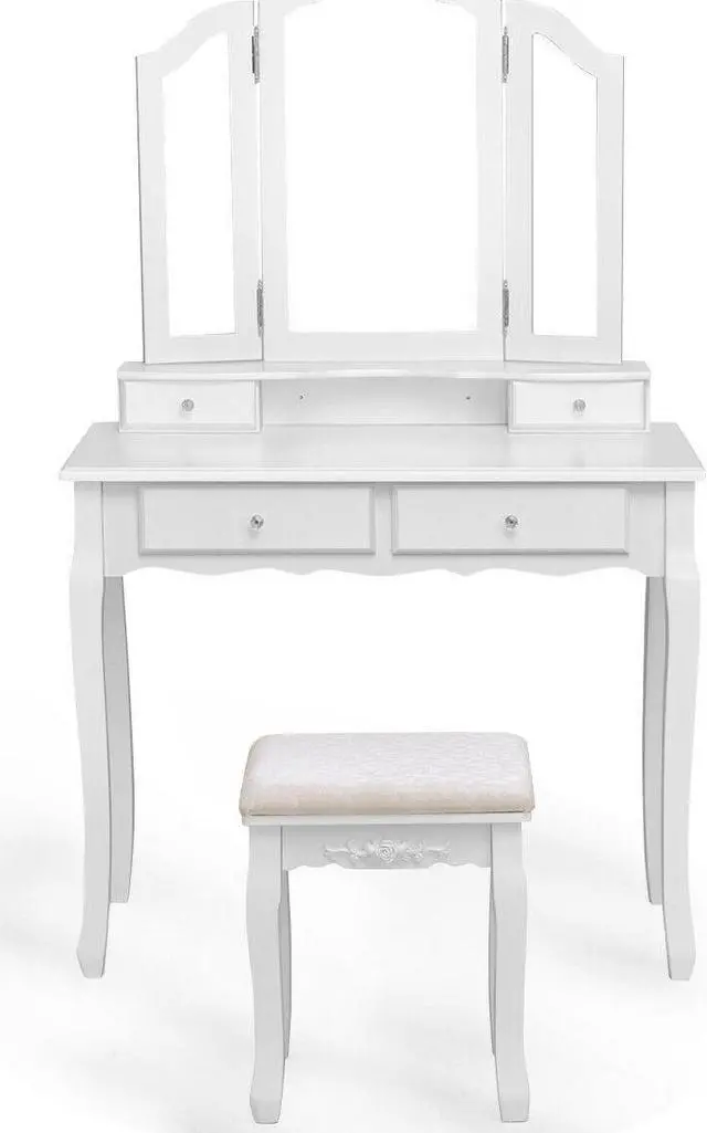 Alt view image 3 of 7 - Costway White Tri Folding Vanity Makeup Table Stool Home Desk