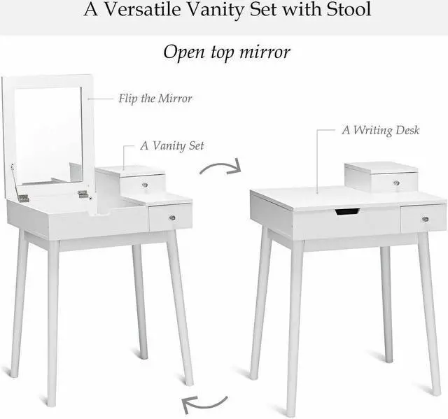 Alt view image 5 of 6 - Costway Vanity Dressing Table Flip Desk Furniture Stool 2 White