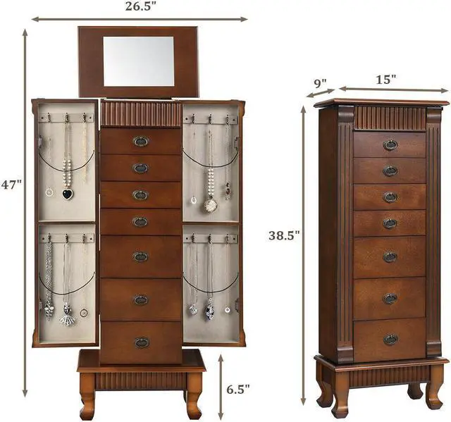 Alt view image 2 of 7 - Costway Jewelry Cabinet Storage Chest Stand Organizer Necklace Wood
