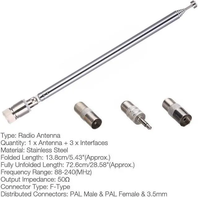 Alt view image 4 of 6 - F Type Telescopic Aerial Antenna 75 Ohm w/ 3.5 Adapter For Wave Radio TV FM
