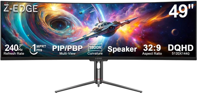 Main image of Z-EDGE UG49P 49" Ultra-Wide 32:9 DQHD 5120x1440 240Hz 1ms 1800R Curved Gaming Monitor, 1.07B (8-bit+FRC) Display Colors, HDMI x1 / DP x2 / USB-C x1, Adjustable Base