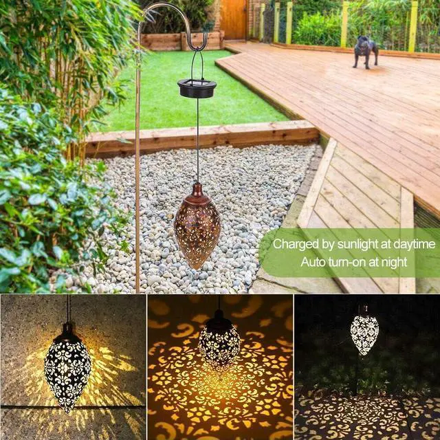 Alt view image 3 of 7 - (2 Pack) Hanging Solar Lights, Tomshine Solar Lantern LED Moroccan Garden Decor, Metal Solar Lanterns Outdoor Waterproof for Outside, Patio, Porch, Pathway Hanging Decor