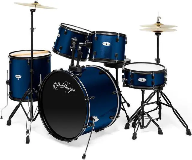 Main image of Ashthorpe 5-Piece Complete Full Size Adult Drum Set with Remo Batter Heads - Blue