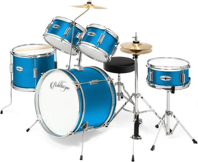 Main image of Ashthorpe 5-Piece Complete Junior Drum Set with Genuine Brass Cymbals - Advanced Beginner Kit with 16" Bass, Adjustable Throne, Cymbals, Hi-Hats, Pedals & Drumsticks - Blue