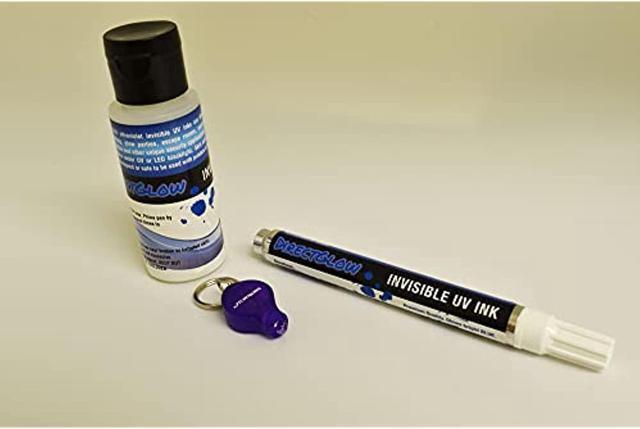 General Purpose Invisible Blue Blacklight Reactive Ink With Uv Marker Pen  And Keychain Blacklight For Glow Party Secret Message Escape Room Goodies  Bag (2 Ounce Bottle Kit) 