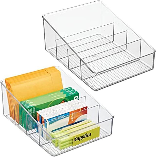 Plastic Office Storage Bin With Divided 4 Compartments For Cabinet, Desk,  Drawers, Or Shelf To Organize Notebooks, Receipts, Paper Clips, Staples,  And Supplies - 2 Bins + 32 Labels - Clear 