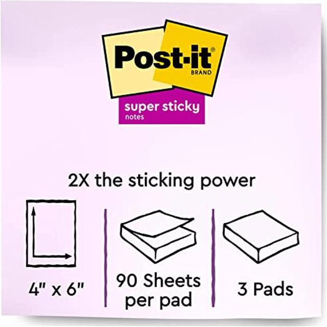 Post-it® Super Sticky Notes, 4 in x 6 in, Energy Boost Collection, Lined, 3  Pads/Pack, 90 Sheets/Pad