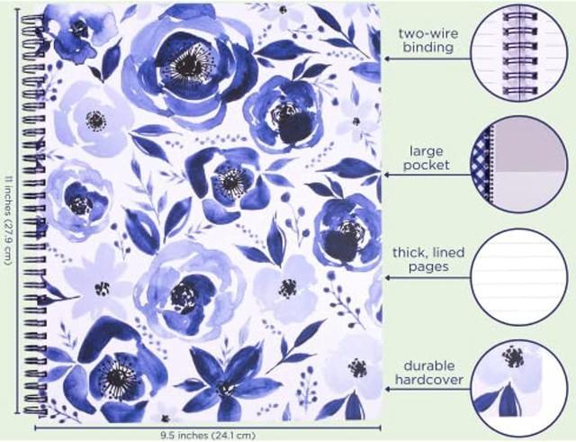  Co Cute Floral Large Spiral Notebook College Ruled, 11 X 9.5 With  Durable Hardcover 160 Lined Pages, Watercolor Floral (White) 