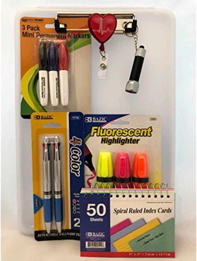 Nursing Storage Clipboard Deluxe Bundle Includes 7 Items: Clipboard,  Four-Color Pens, Fluorescent Highlighters, Index Cards, Permanent Markers,  Keychain Light, And Free Gift (Badge Holder) (White) 