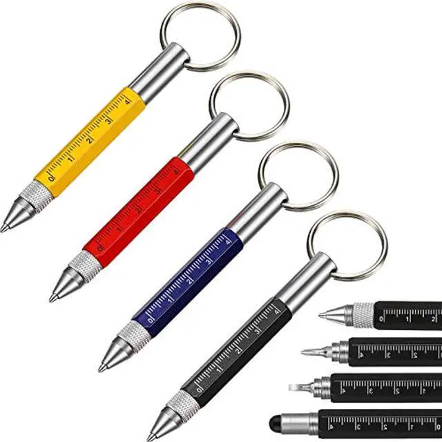 Main image of 4 Pieces 6 In 1 Multitool Tech Tool Pen Key Ring Screwdriver Pen With Ruler, Two-Head Ballpoint Pen Refills Metal Tool Pen For Students, Office Staff, Construction Workers, Red, Yellow, Blue, Black