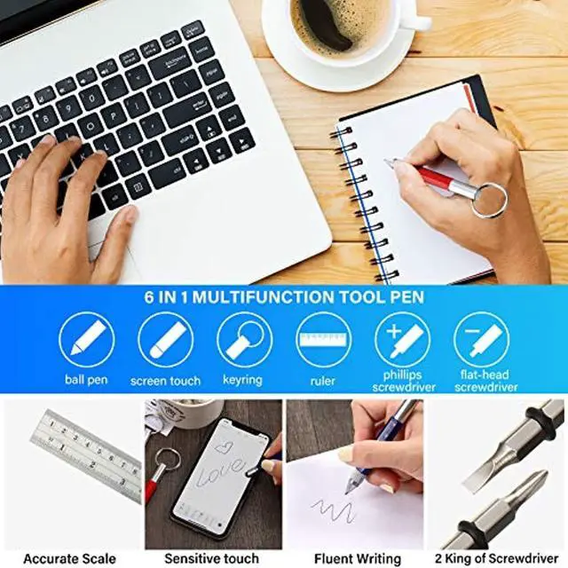 Alt view image 3 of 7 - 4 Pieces 6 In 1 Multitool Tech Tool Pen Key Ring Screwdriver Pen With Ruler, Two-Head Ballpoint Pen Refills Metal Tool Pen For Students, Office Staff, Construction Workers, Red, Yellow, Blue, Black