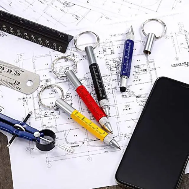 Alt view image 7 of 7 - 4 Pieces 6 In 1 Multitool Tech Tool Pen Key Ring Screwdriver Pen With Ruler, Two-Head Ballpoint Pen Refills Metal Tool Pen For Students, Office Staff, Construction Workers, Red, Yellow, Blue, Black