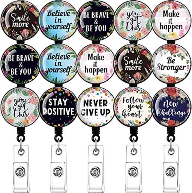 15 Pieces Badge Reel With Motivation Quotes Flower Pattern Retractable Id  Badge Holder With Alligator Clip For Office Hospital Daily 