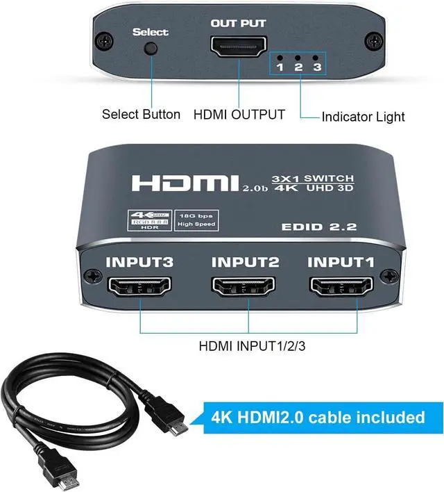 Alt view image 6 of 6 - 4K@60Hz HDMI Switch 3 Port, avedio links Aluminum HDMI2.0b Switch 3 in 1 Out,