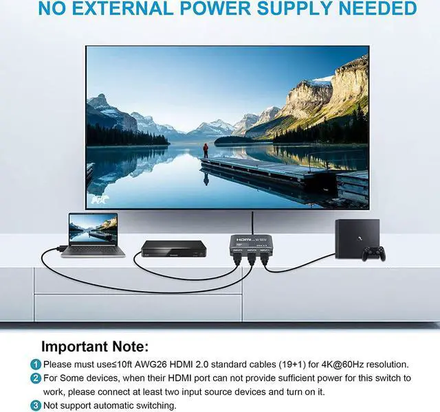 Alt view image 5 of 6 - 4K@60Hz HDMI Switch 3 Port, avedio links Aluminum HDMI2.0b Switch 3 in 1 Out,