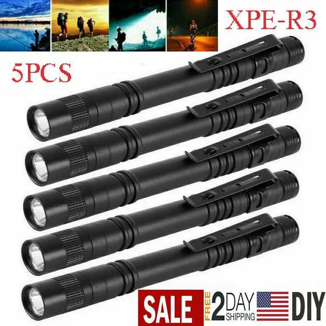 Main image of 5Pcs XPE-R3 LED Flashlight Portable Pen Torch Lamp Clip Mini Light Penlight US