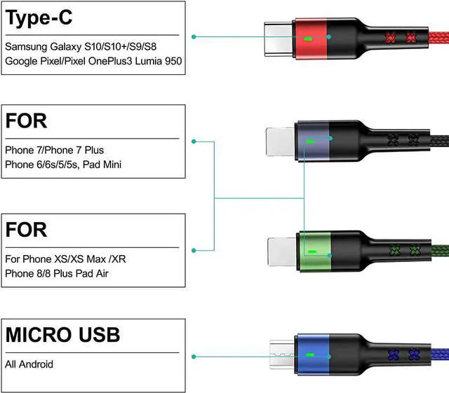 Alt view image 2 of 7 - 2Pack Multi Charging Cable Charger Cord Nylon Braided 10ft/3m 4 in 1 USB Adapter with IP/Type C/Micro Connector for Phone/Galaxy and More