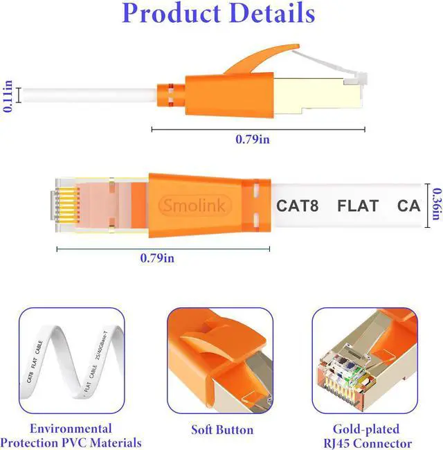 Alt view image 7 of 7 - Cat 8 Ethernet Cable 20 Ft,High Speed Flat Internet Network LAN Cable,Faster Than Cat7/Cat6/Cat5 Network,Durable Patch Cord with Gold Plated RJ45 Connector for Xbox,PS4,Router, Modem,Gaming,Hub-White